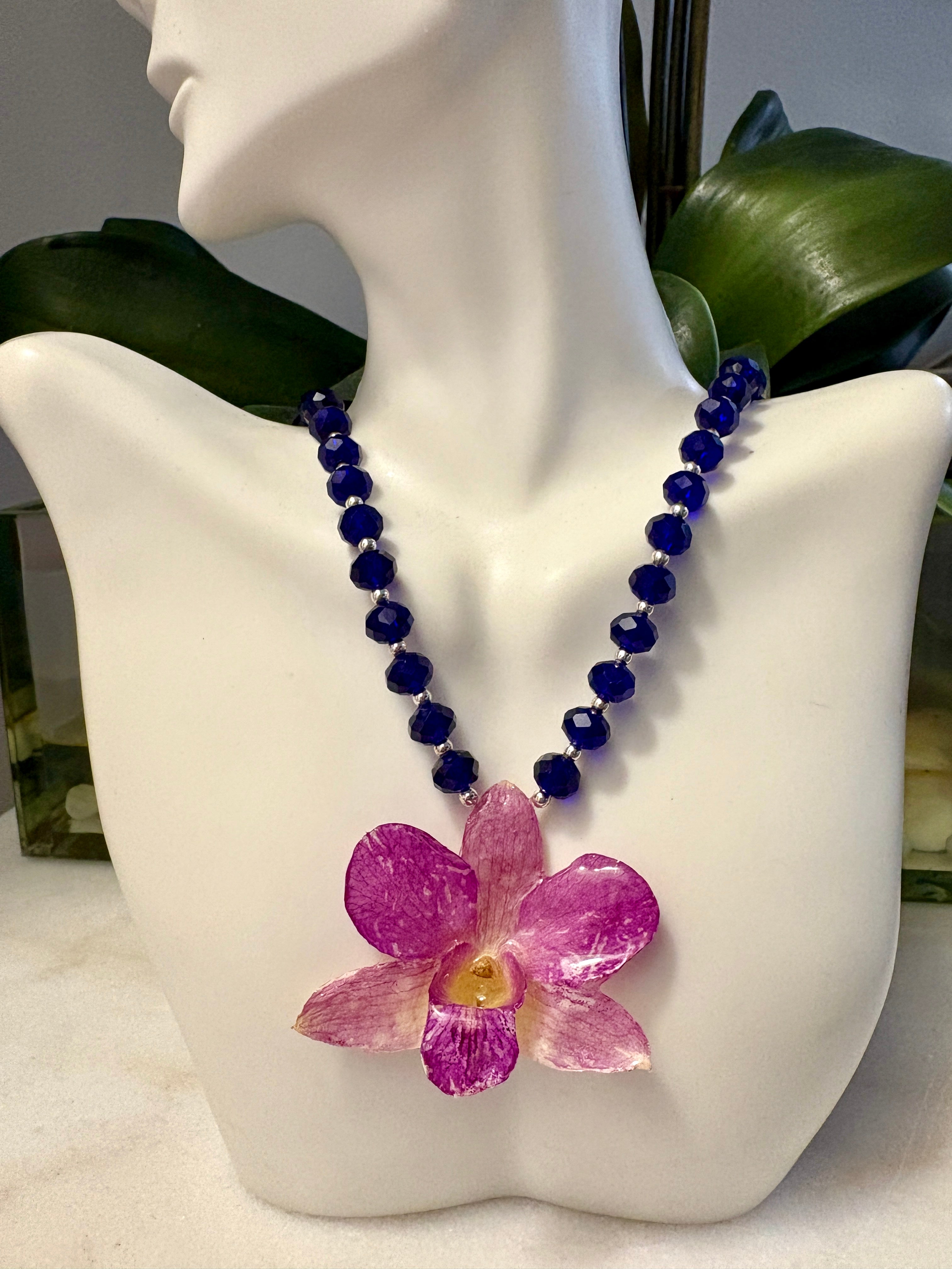 Dark Pink Orchid & Blue Cristal Necklace