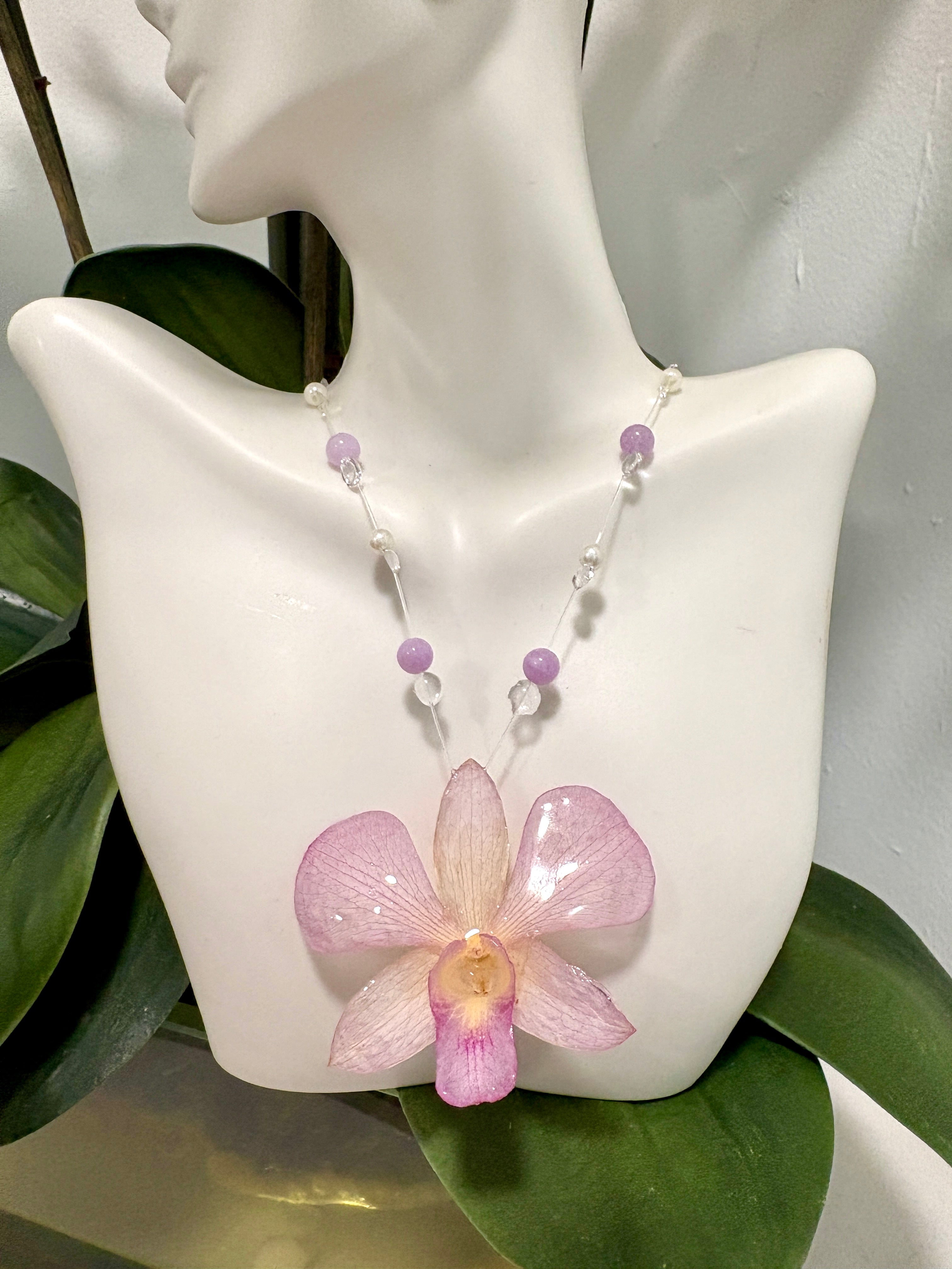 Light Pink Orchid & Transparent Necklace/ Purple Stone