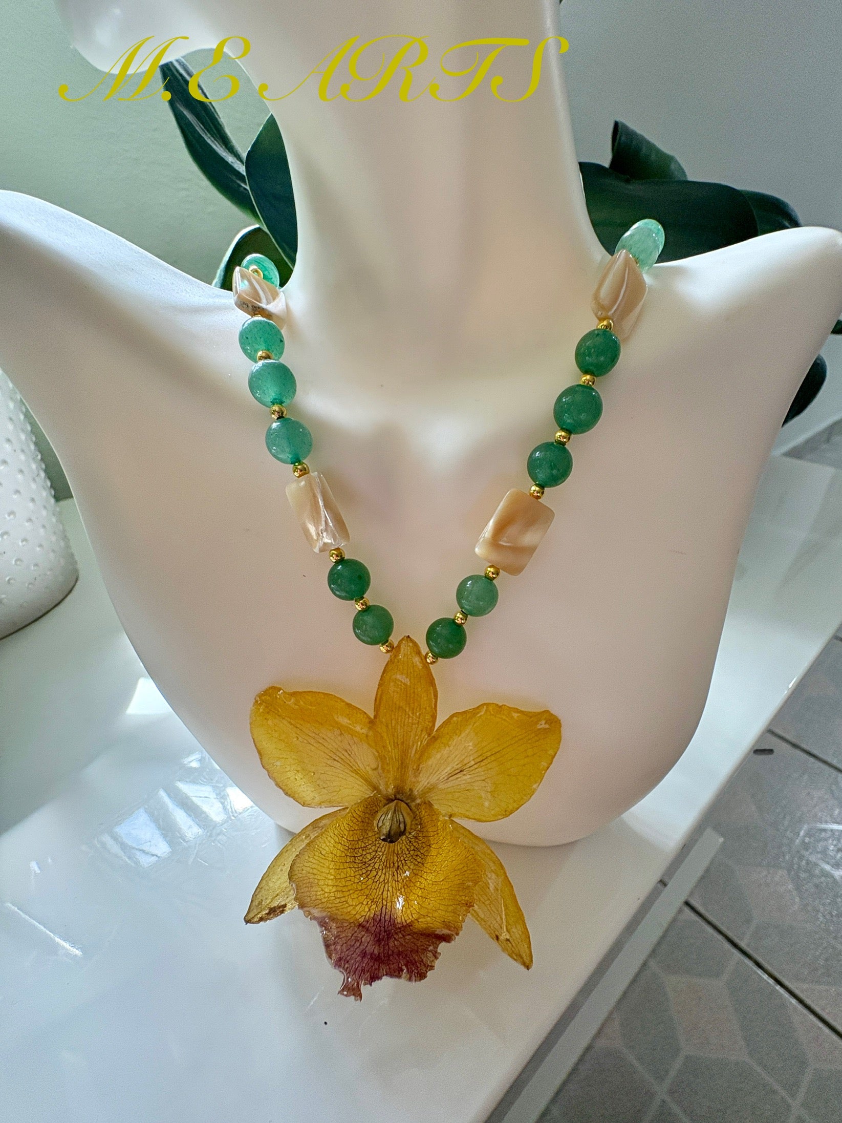 Yellow Mini Cattleya & Jade Stone Necklace
