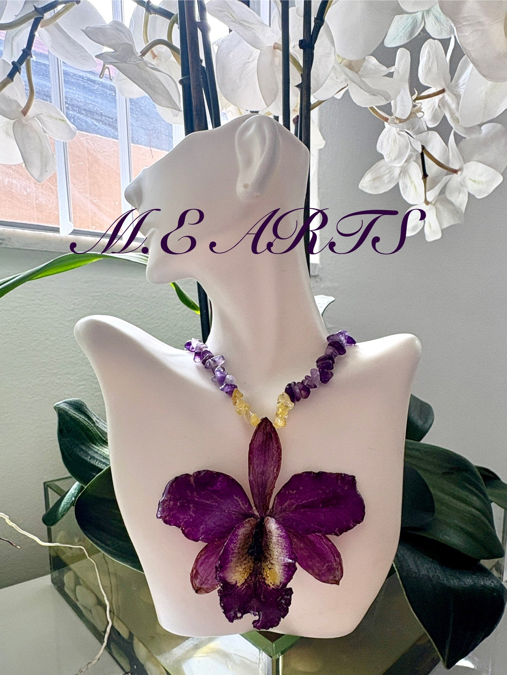 Purple Cattleya & Amethyst stone Necklace