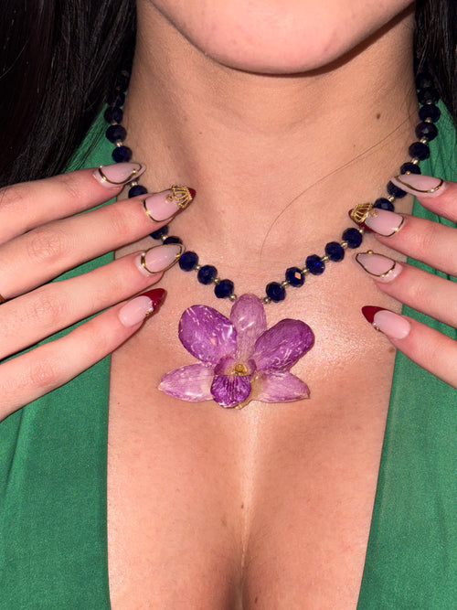 Dark Pink Orchid & Blue Cristal Necklace