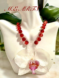 White Orchid & Red Crystal Necklace