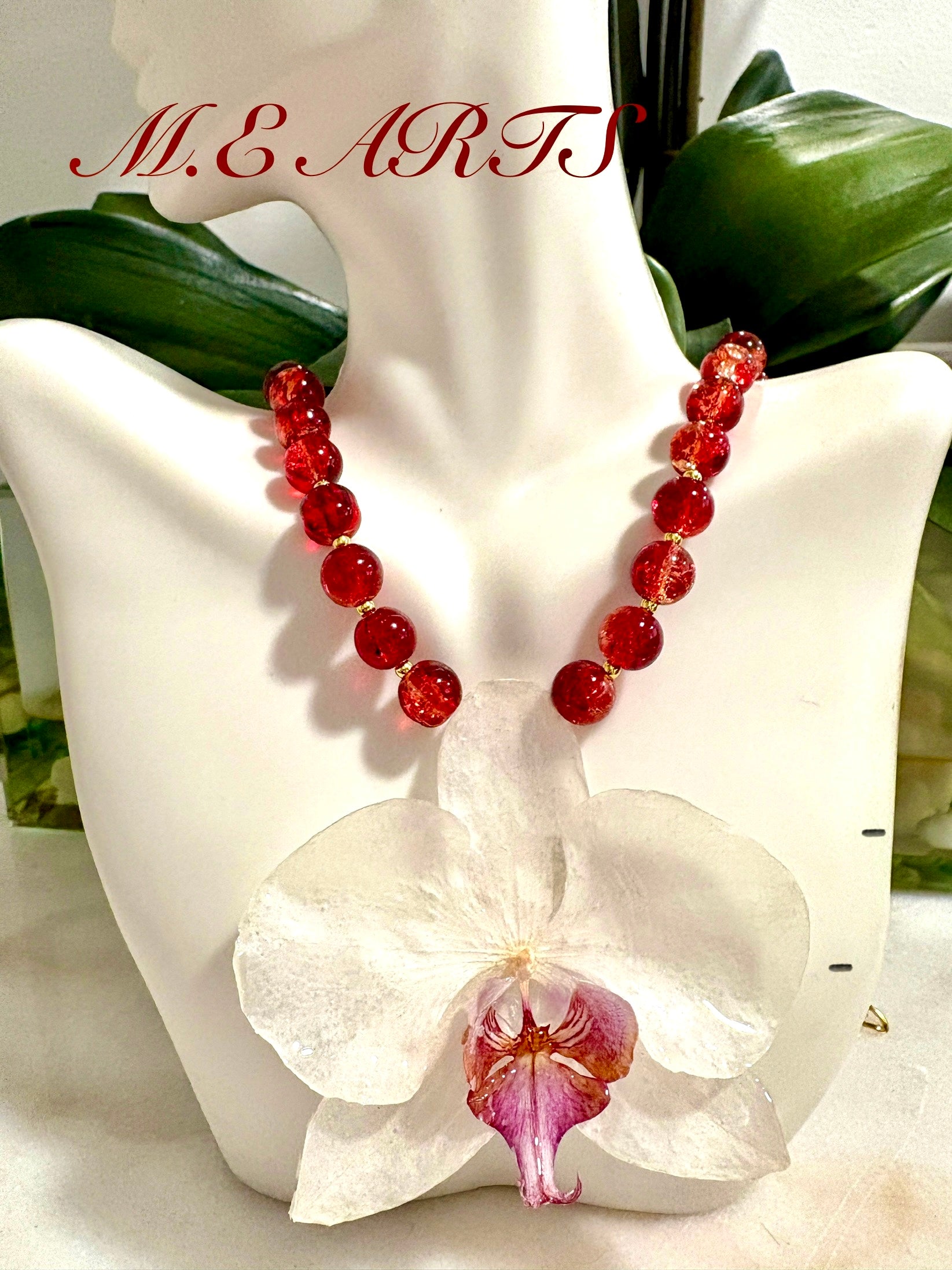 White Orchid & Red Crystal Necklace