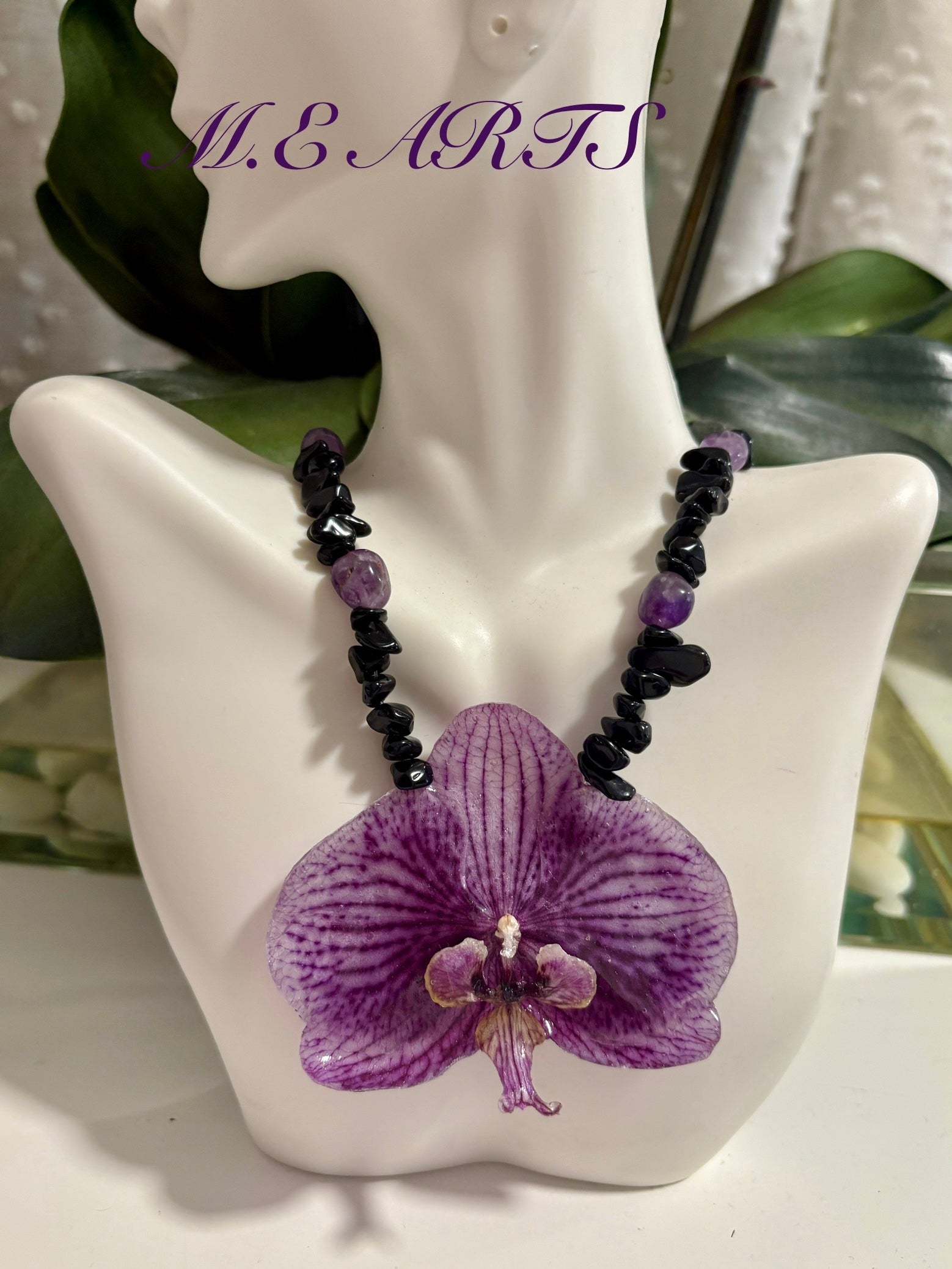 Purple Phalaenopsis Orchid $ Black Obsidian Stone Necklace